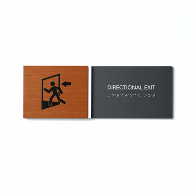 a wooden business card with a picture of a man entering a door