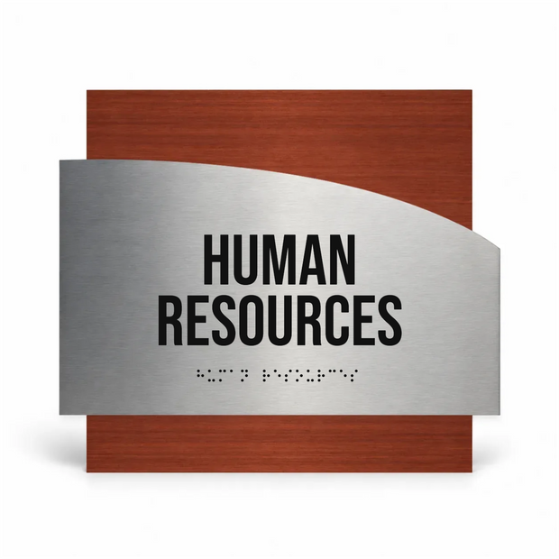 a sign with the text "HUMAN RESOURCES" and a section with Braille text below it.