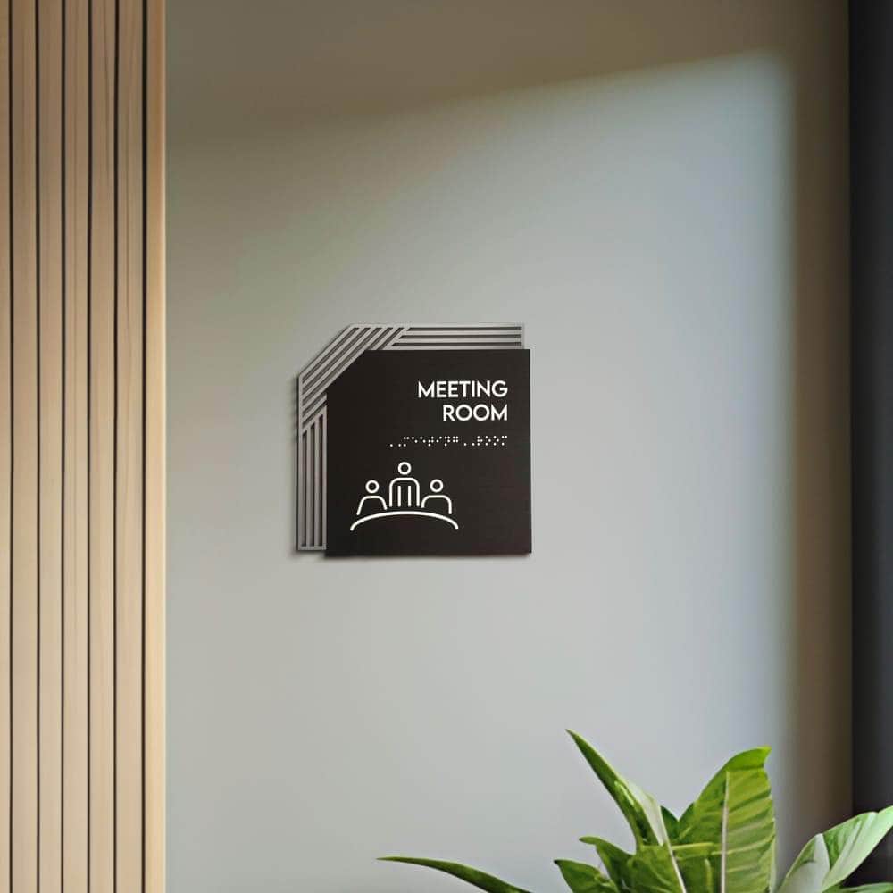 Meeting Room Sign: Stainless Steel & Wood Plate — 