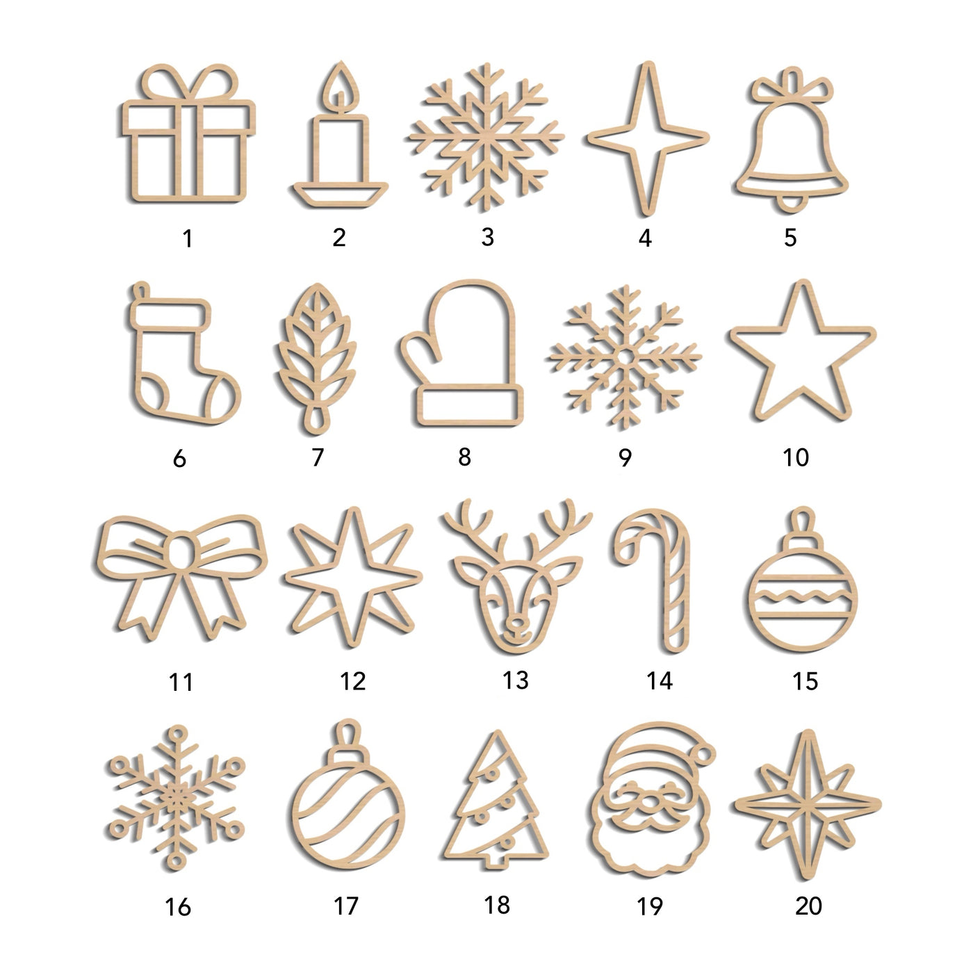 a collection of 16 Christmas-themed icons, each representing a different holiday or ornament. The icons include a gift box, candle, bell, star, snowflake, mitten, reindeer, bow, star, candy cane, ornament, Santa Claus, snowflake, Christmas tree, and star.