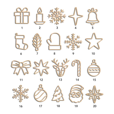 a collection of 16 Christmas-themed icons, each representing a different holiday or ornament. The icons include a gift box, candle, bell, star, snowflake, mitten, reindeer, bow, star, candy cane, ornament, Santa Claus, snowflake, Christmas tree, and star.