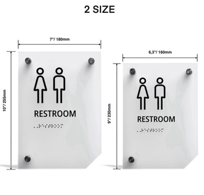 a pair of restroom signs showing the size of each sign