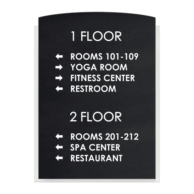Hotel directional sign showing floor numbers, room ranges, spa, fitness center and restaurant directions