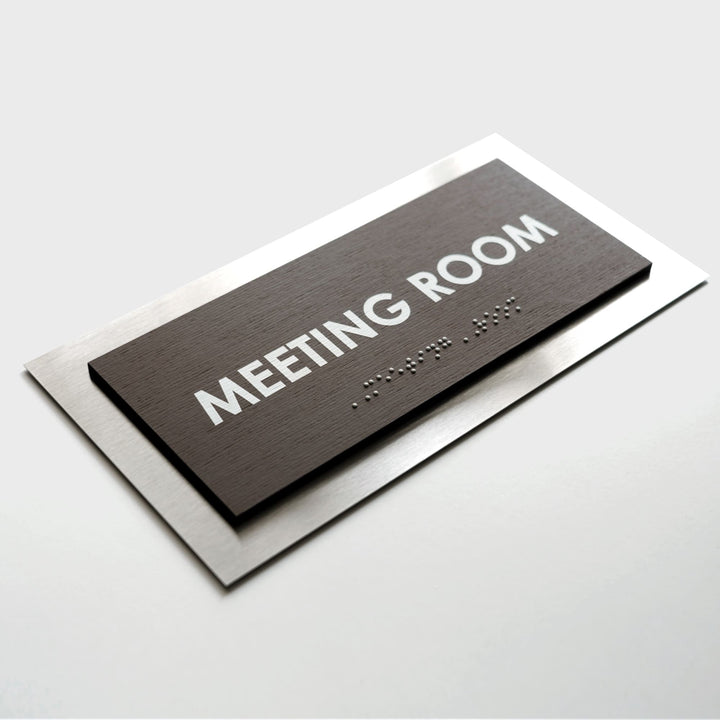 Custom Meeting Room Sign with Braille: Stainless Steel &amp; Wood — Modern Design