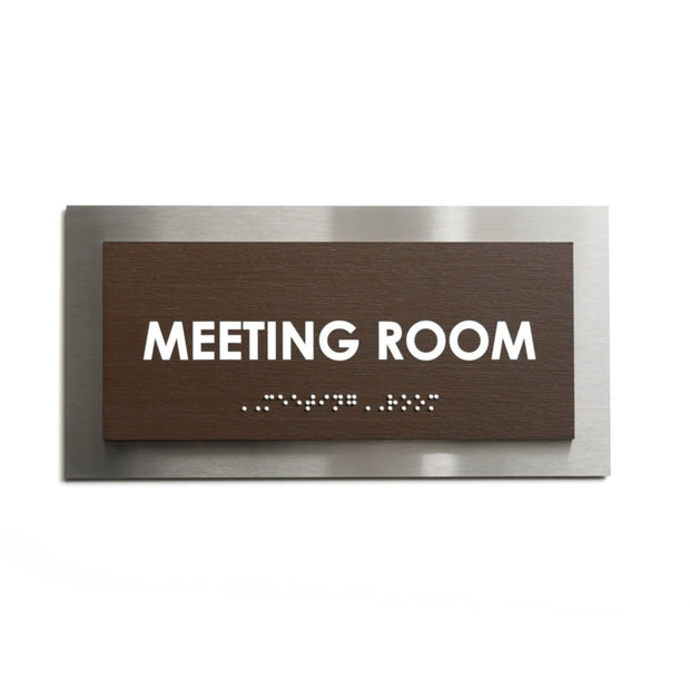 Custom Meeting Room Sign with Braille: Stainless Steel & Wood — Modern Design
