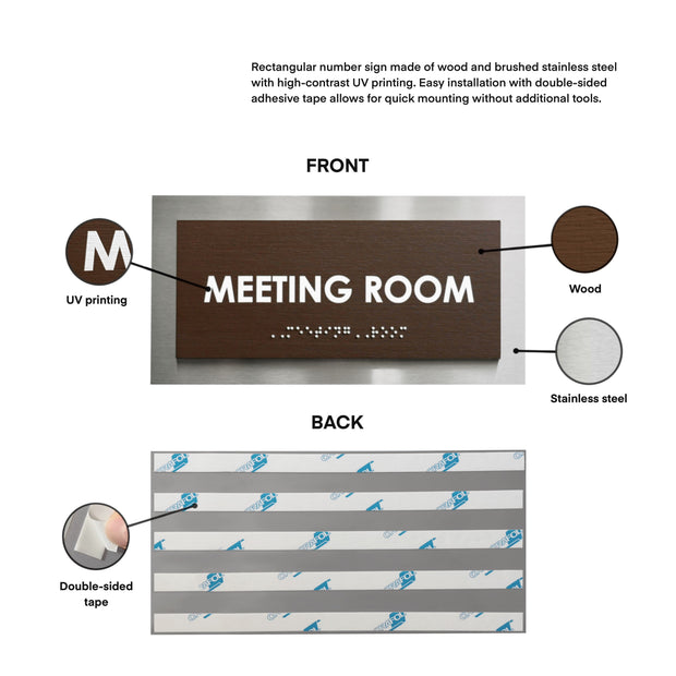 Custom Meeting Room Sign with Braille: Stainless Steel & Wood — Modern Design