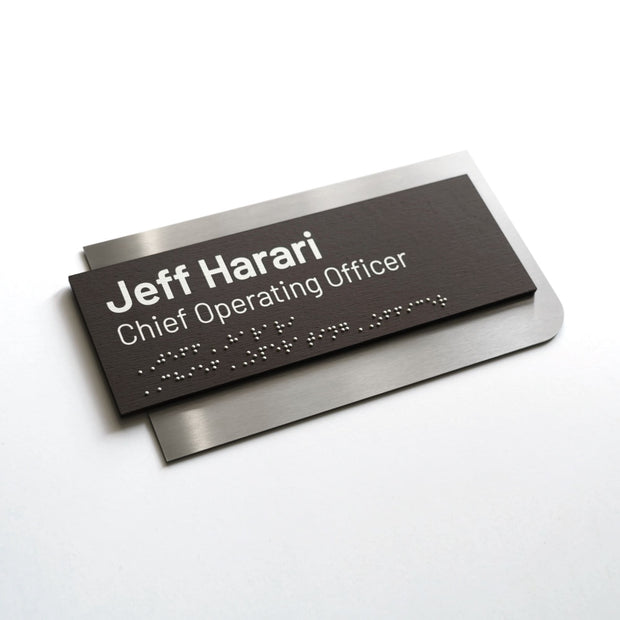 Custom Name Plate with Braille: Stainless Steel & Wood — Element Design
