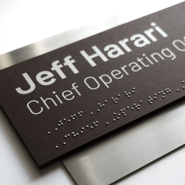 Custom Name Plate with Braille: Stainless Steel & Wood — Element Design