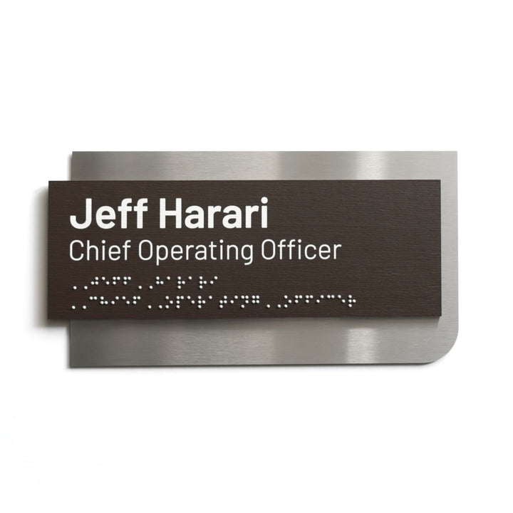Custom Name Plate with Braille: Stainless Steel &amp; Wood — Element Design