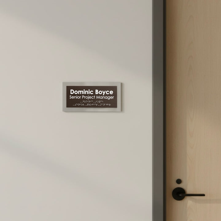 Custom Door Name Plate with Braille: Stainless Steel &amp; Wood — Modern Design