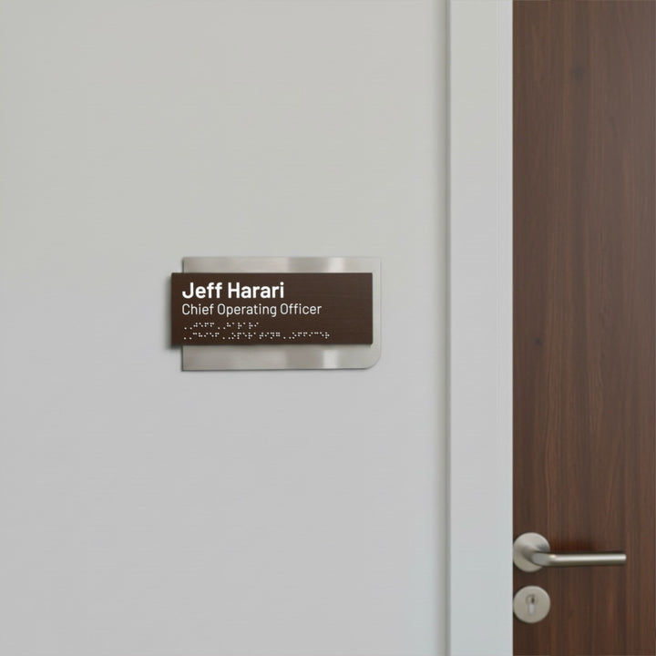 Custom Name Plate with Braille: Stainless Steel &amp; Wood — Element Design