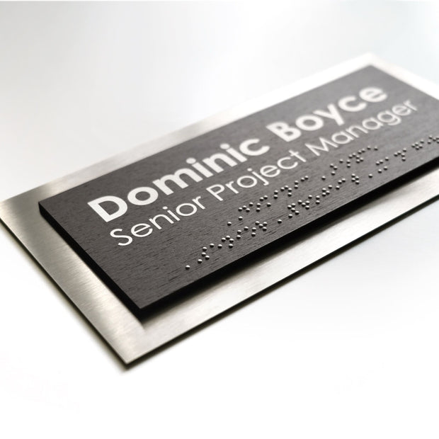 Custom Meeting Room Sign with Braille: Stainless Steel & Wood — Modern Design