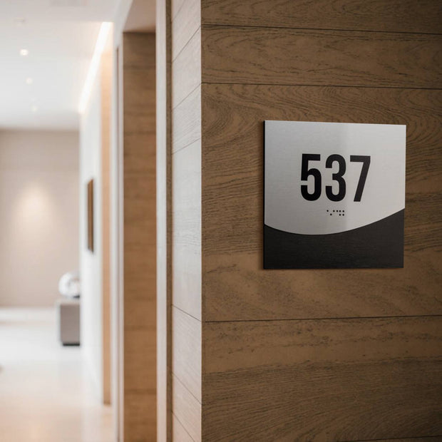 Hotel Room Number Sign: Stainless Steel & Wood Plate with Braille — “Jure” Design