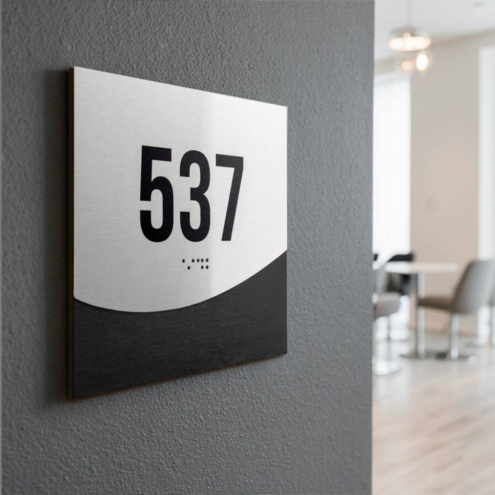 Hotel Room Number Sign: Stainless Steel &amp; Wood Plate with Braille — “Jure” Design