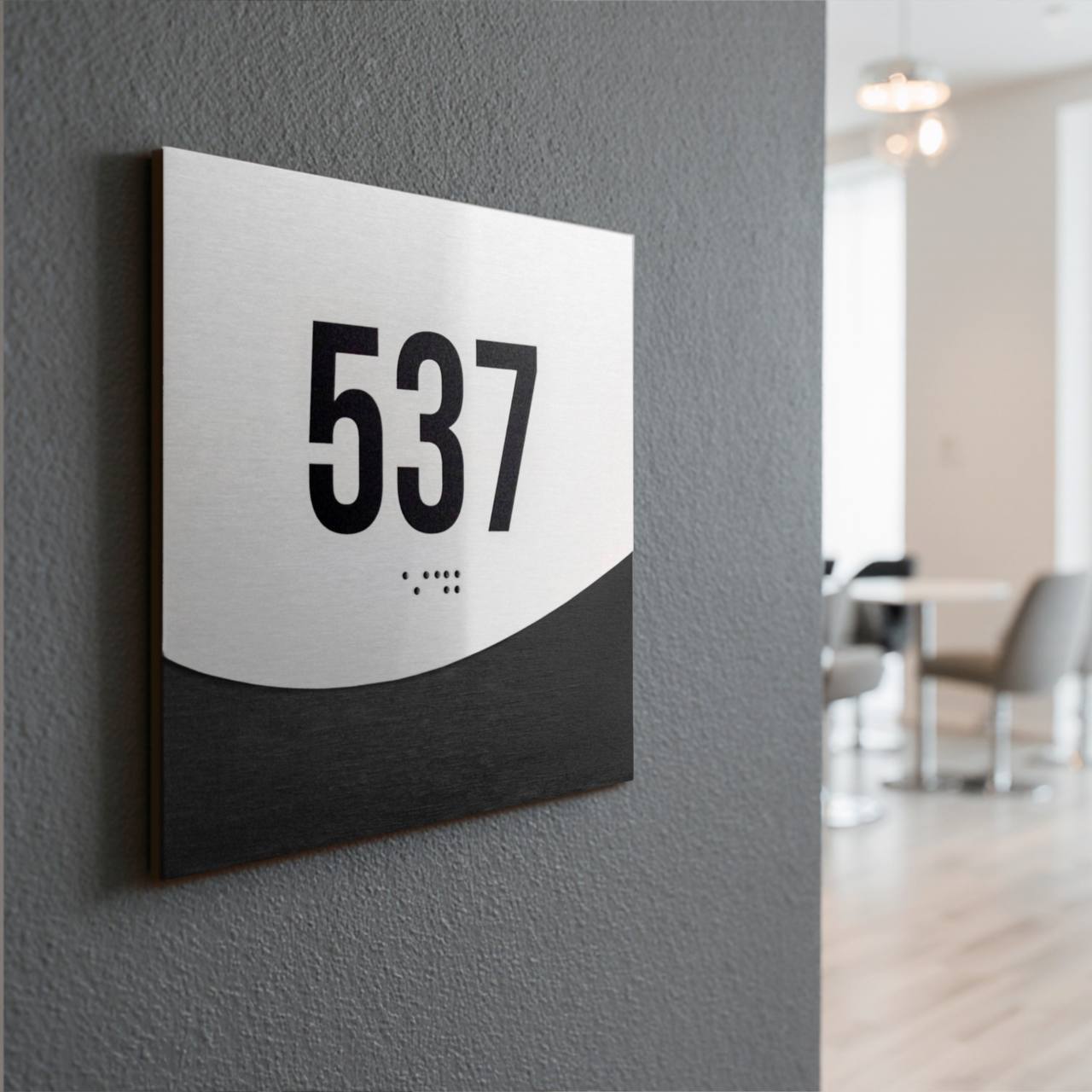 Hotel Room Number Sign: Stainless Steel & Wood Plate with Braille — “Jure” Design