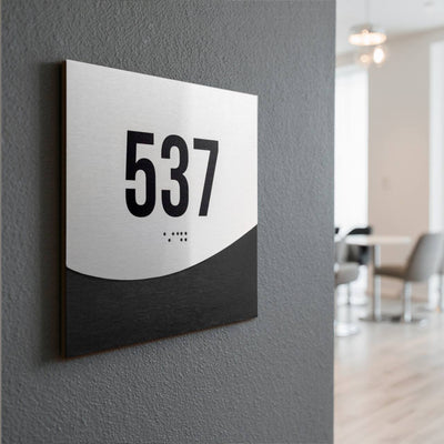Hotel Room Number Sign: Stainless Steel & Wood Plate with Braille — “Jure” Design