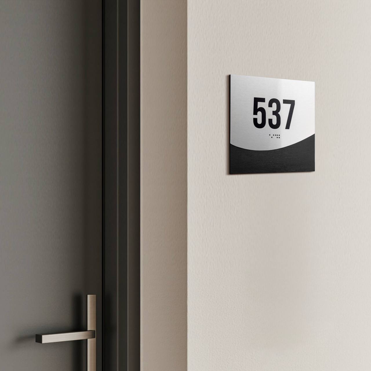 Hotel Room Number Sign: Stainless Steel & Wood Plate with Braille — “Jure” Design
