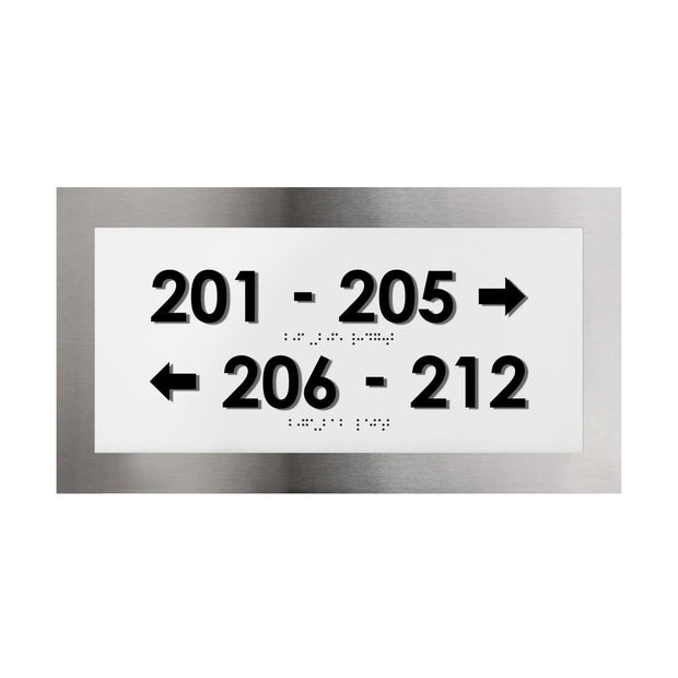 Directional room number sign with arrows and Braille, stainless steel interior wayfinding sign, modern design
