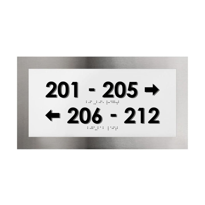 Directional room number sign with arrows and Braille, stainless steel interior wayfinding sign, modern design
