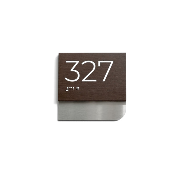 Custom Room Number Sign with Braille: Stainless Steel & Wood — Modern Design