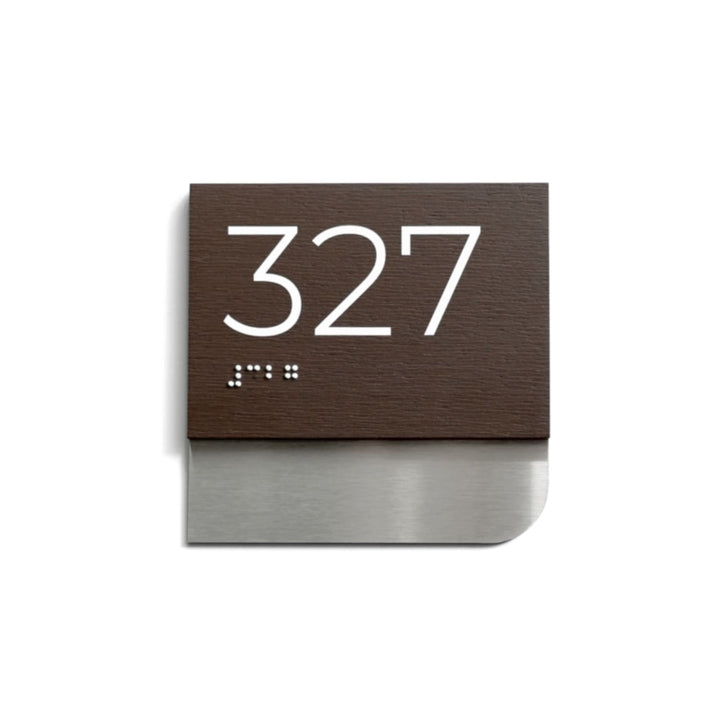 Custom Room Number Sign with Braille: Stainless Steel &amp; Wood — Modern Design