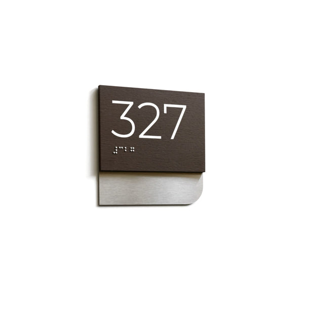 Custom Room Number Sign with Braille: Stainless Steel & Wood — Modern Design