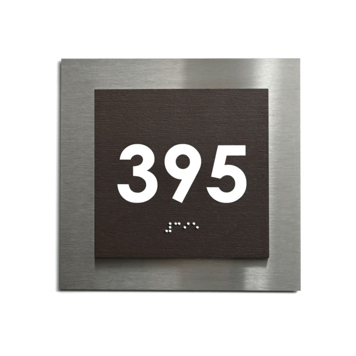 Room Number Sign with Braille: Stainless Steel &amp; Wood — Modern Design