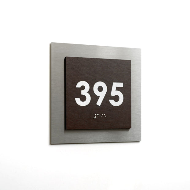 Room Number Sign with Braille: Stainless Steel & Wood — Modern Design