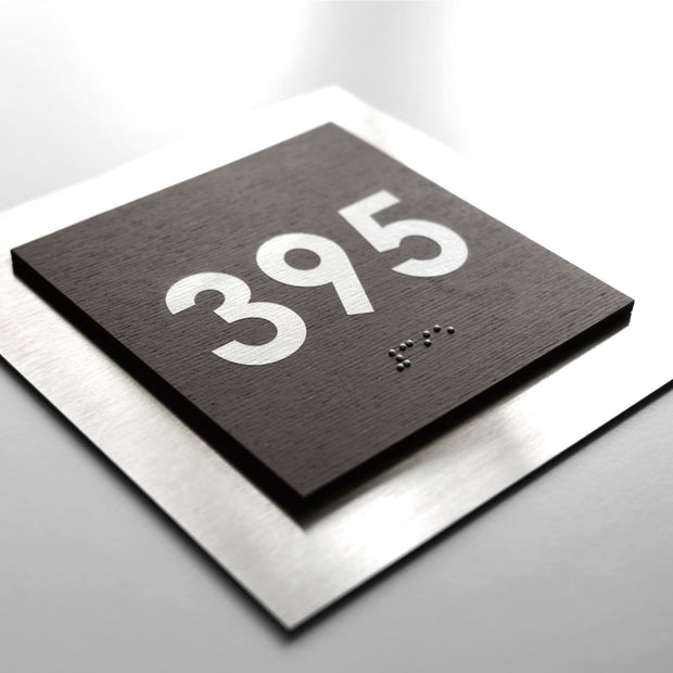 Room Number Sign with Braille: Stainless Steel & Wood — Modern Design