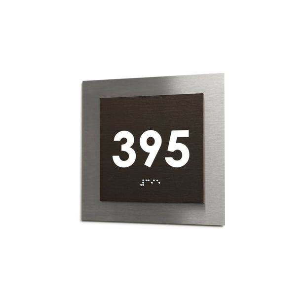 Room Number Sign with Braille: Stainless Steel & Wood — Modern Design