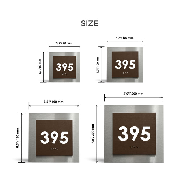Room Number Sign with Braille: Stainless Steel & Wood — Modern Design