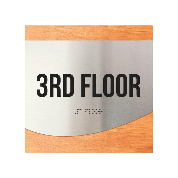 Floor Signs Sign for 3rd Floor - Stainless Steel & Wood Door Plate - "Jure" Design