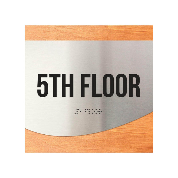 Floor Signs Sign for 5s Floor - Stainless Steel & Wood Door Sign - "Jure" Design