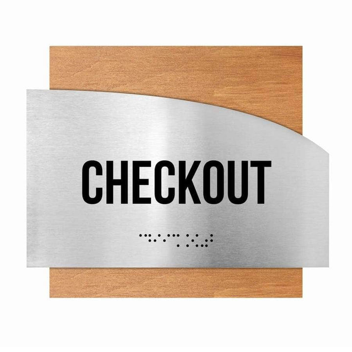 Door Signs Checkout Signs - Stainless steel &amp; Wood Plate - "Wave" Design