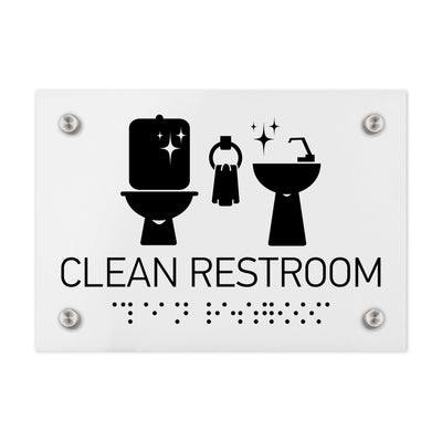 Information Signs - Clean Restroom Sign Braille - White Acrylic