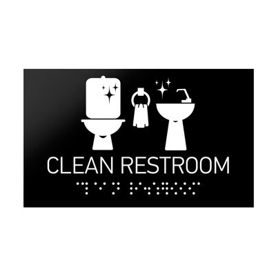 Information Signs - Clean Restroom Sign Braille - Black Acrylic