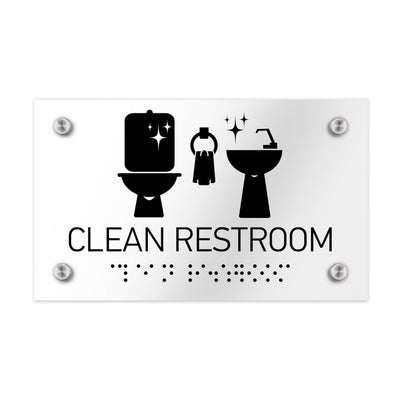 Information Signs - Clean Restroom Sign Braille - Clear Acrylic