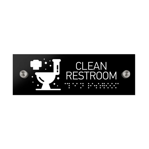 Information signs Clean Restroom Sign with Braille: Black Acrylic Sign