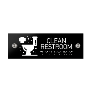 Information Signs - Clean Restroom Sign With Braille - Black Acrylic