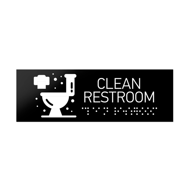 Information signs Clean Restroom Sign with Braille: Black Acrylic Sign