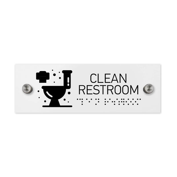 Information signs Clean Restroom Sign with Braille: White Acrylic Sign