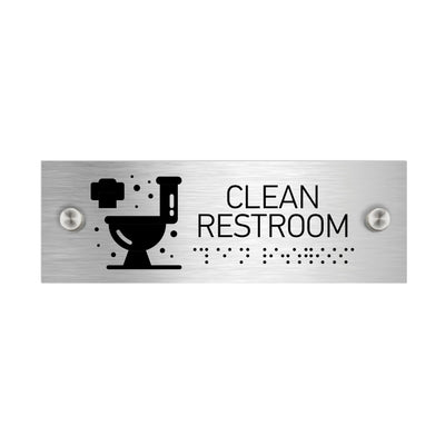 Information Signs - Clean Restroom Sign With Braille - Stainless Steel