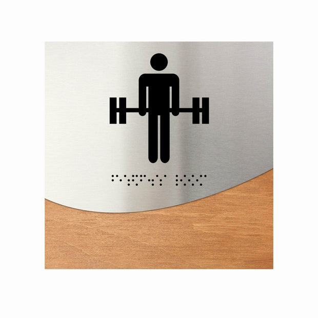Information signs Gym Room Sign: Stainless Steel & Wood Door Plate — "Jure" Design