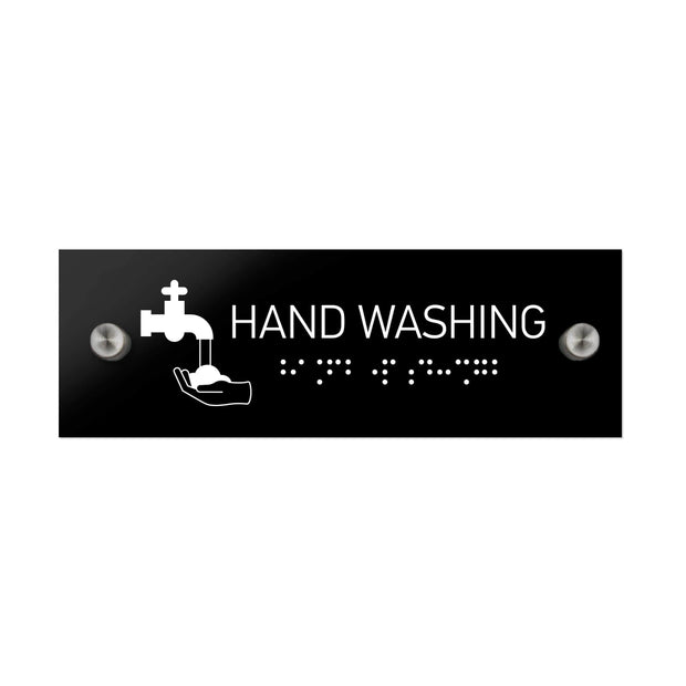 Information signs Hand Washing Sign with Braille: Black Acrylic Sign