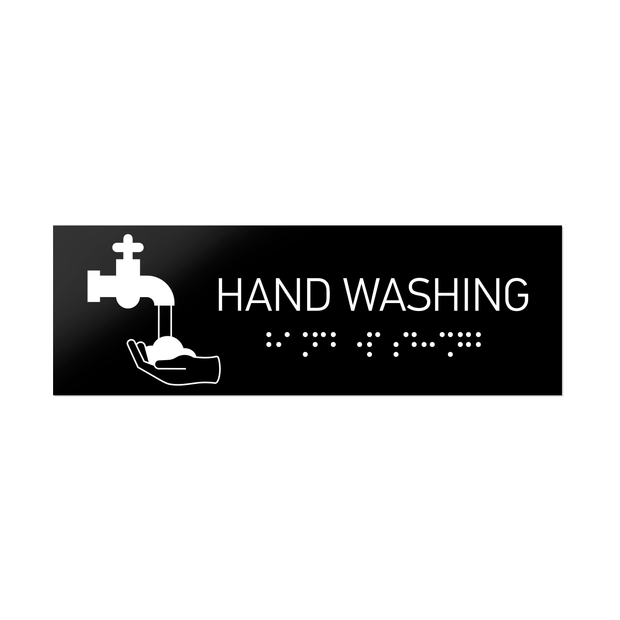 Information signs Hand Washing Sign with Braille: Black Acrylic Sign