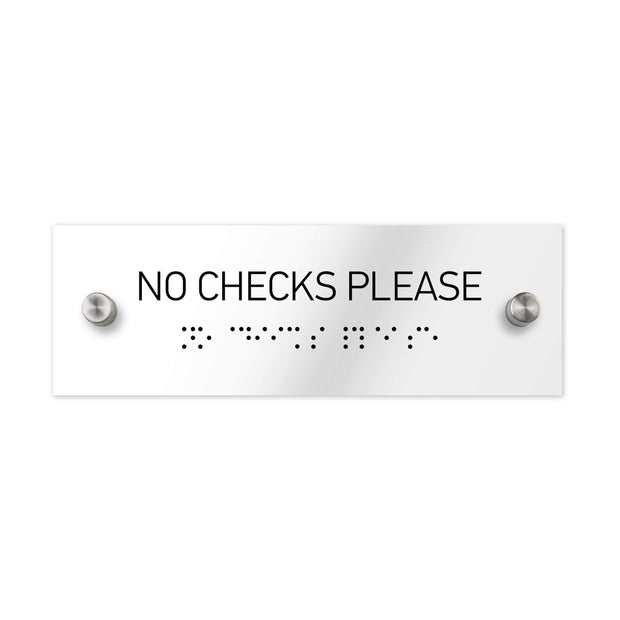 Information signs No Checks Please Sign with Braille: Clear Acrylic Sign