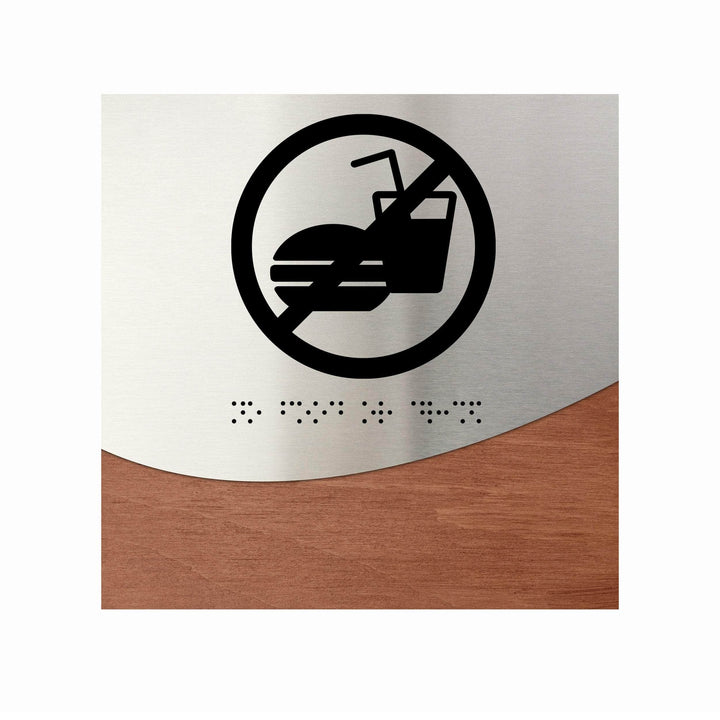 Information signs No Food Or Drink Signs: Stainless Steel & Wood Sign — "Jure" Design