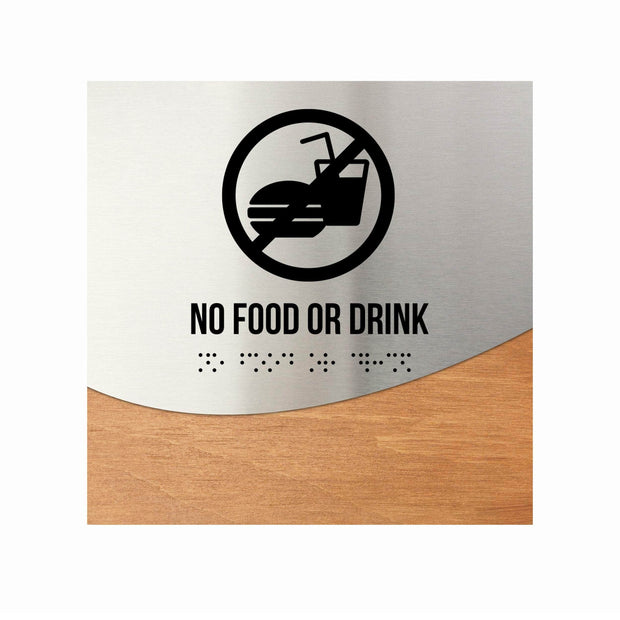 Information signs No Food Or Drink Sign: Stainless Steel & Wood Sign with Inscription  — "Jure" Design