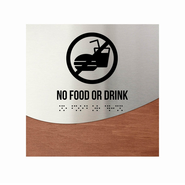 Information signs No Food Or Drink Sign: Stainless Steel & Wood Sign with Inscription  — "Jure" Design
