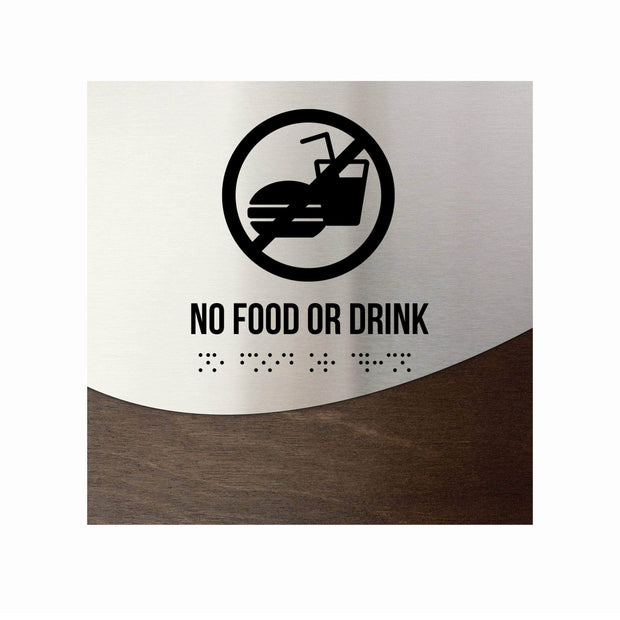 Information signs No Food Or Drink Sign: Stainless Steel & Wood Sign with Inscription  — "Jure" Design